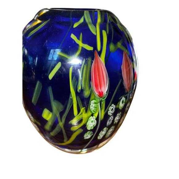 Arthur Kusak Hand Blown Glass Vase Millifiori Floral No Chips Cracks Heavy 5” - Picture 8 of 8